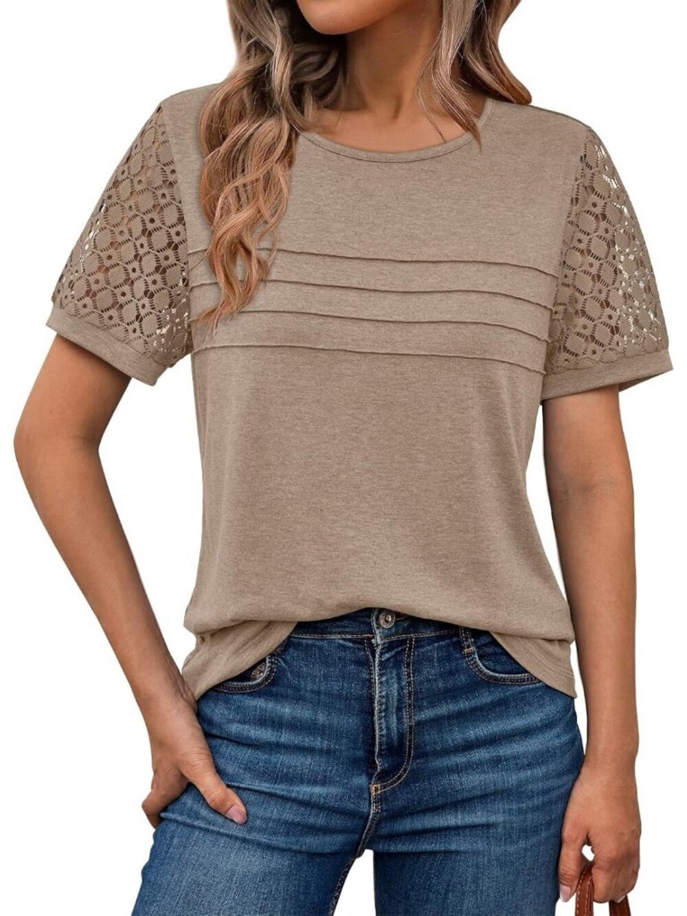 Women's T Shirt Khaki Short Sleeve Dressy Lace Summer Casual Work Outfit Blouses